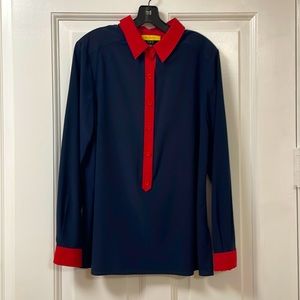 ST. JOHN Navy with Red Trim Silk Blouse
